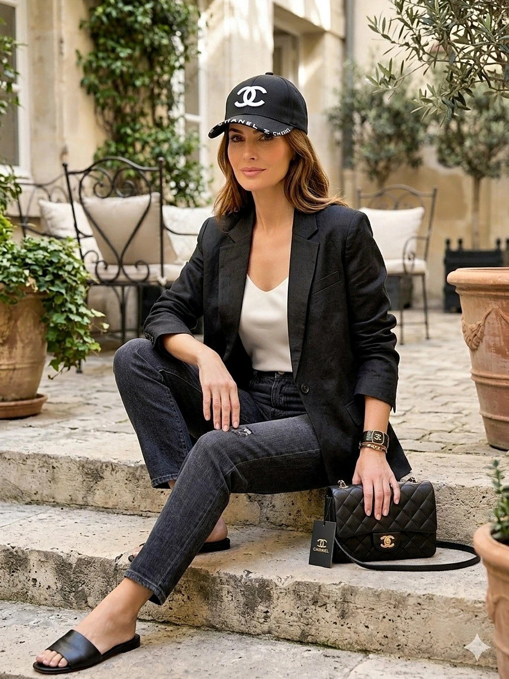 ChaneI Black with White Logo Baseball Cap 🧢